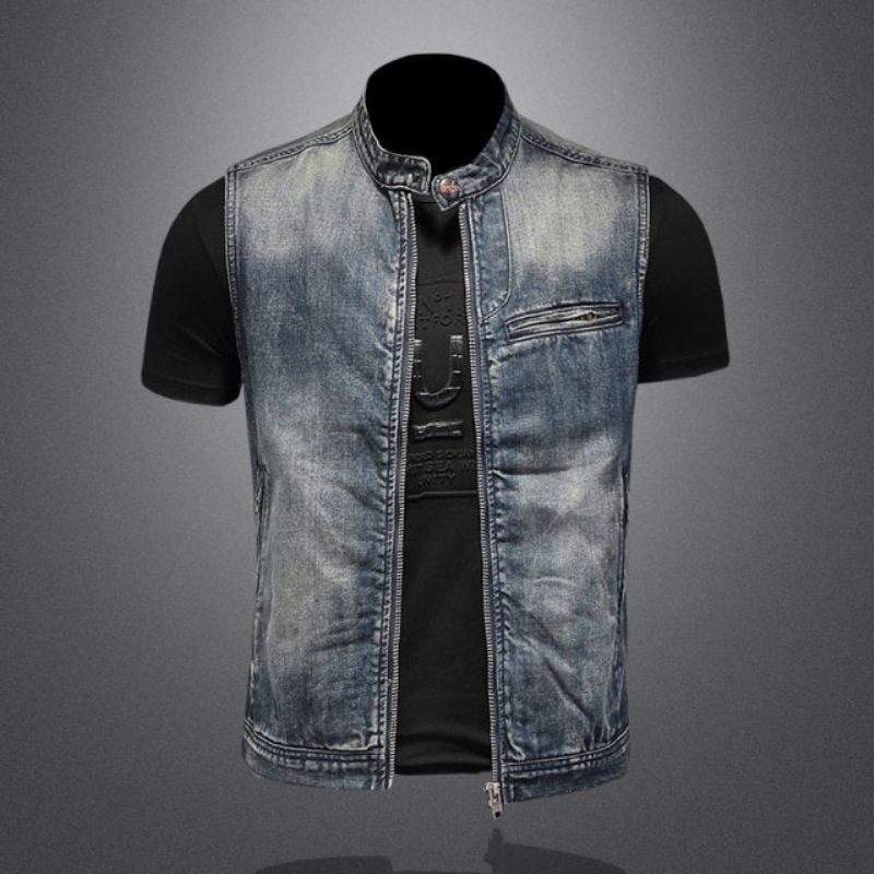 Veste D'été En Jean Rétro Pour Hommes Gilet En Denim Bleu Slim Col Montant Fermeture Éclair Sans Manches De Moto Cowboy - Bleu