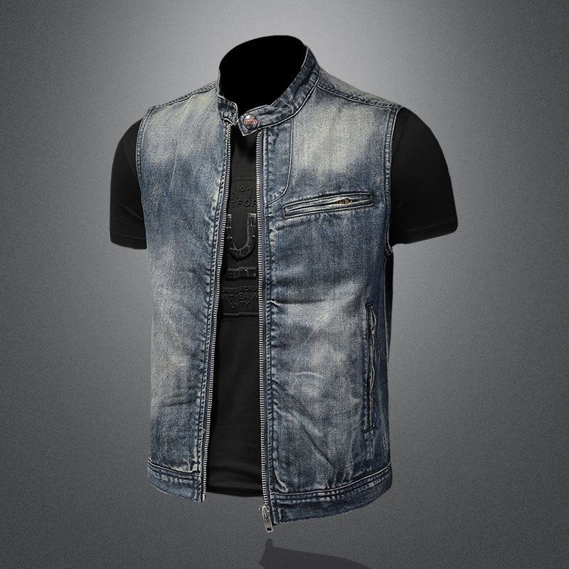 Veste D'été En Jean Rétro Pour Hommes Gilet En Denim Bleu Slim Col Montant Fermeture Éclair Sans Manches De Moto Cowboy - Bleu