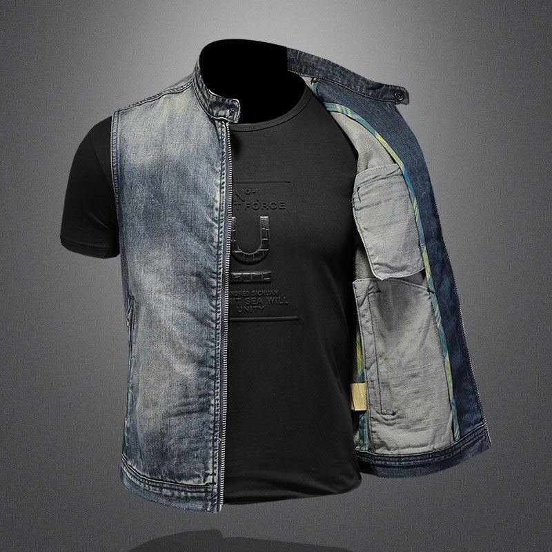 Veste D'été En Jean Rétro Pour Hommes Gilet En Denim Bleu Slim Col Montant Fermeture Éclair Sans Manches De Moto Cowboy - Bleu