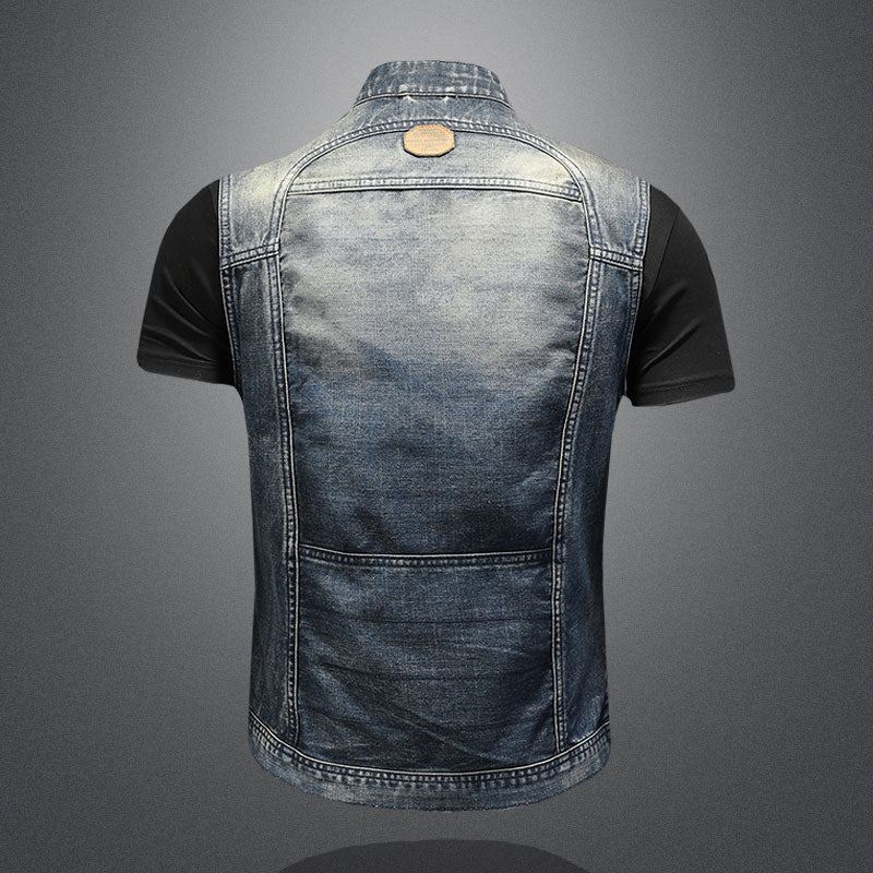 Veste D'été En Jean Rétro Pour Hommes Gilet En Denim Bleu Slim Col Montant Fermeture Éclair Sans Manches De Moto Cowboy - Bleu