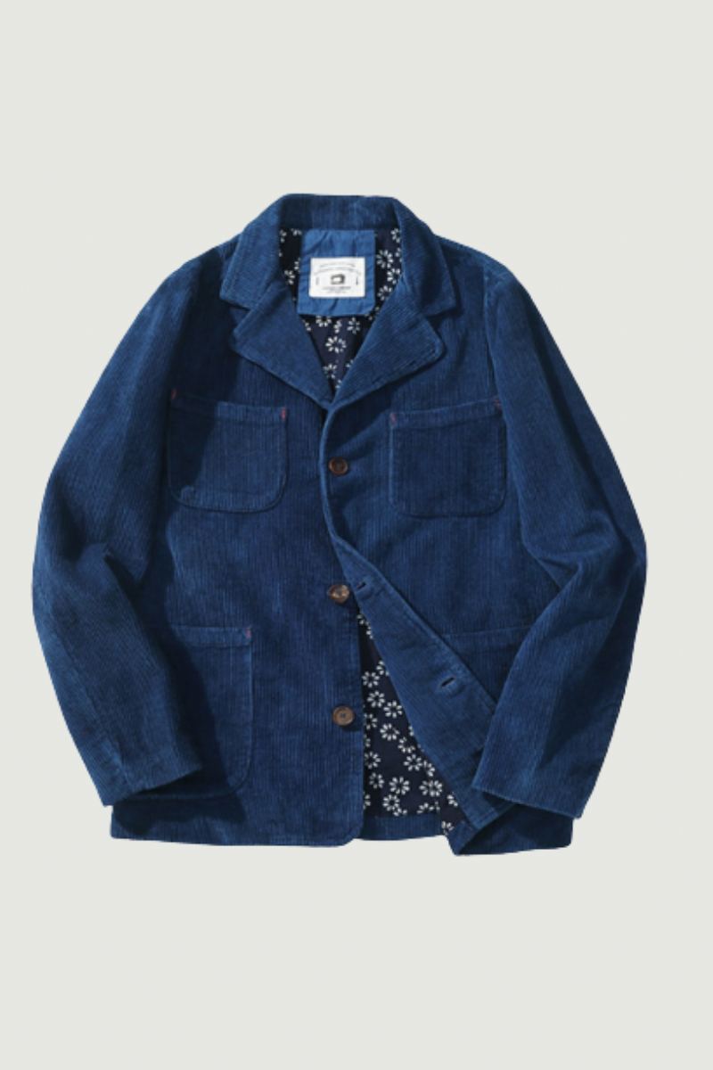 Veste Française Rétro Indigo Pour Hommes Revers En Velours Côtelé Multi-poches Vêtements De Travail Épais D'outillage Manteau Cardigan De Vintage D'hiver