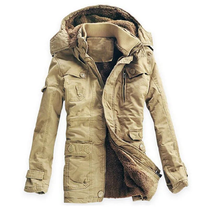 Veste D'hiver Décontractée En Velours Épais Pour Homme Parka Chaude Coupe-vent En Coton À Capuche De L'armée Trench-coat Long - Kaki