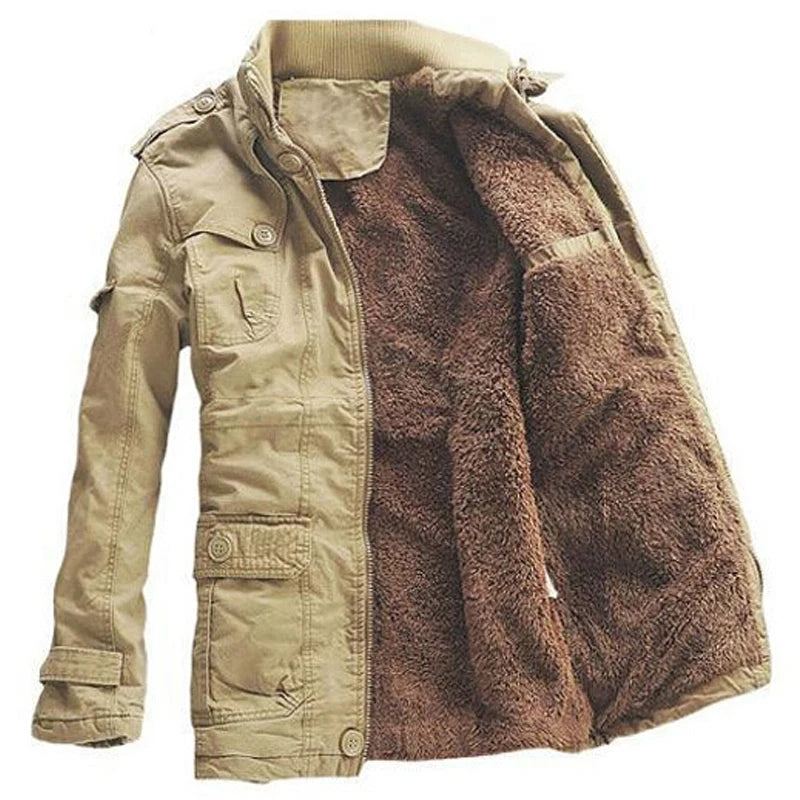 Veste D'hiver Décontractée En Velours Épais Pour Homme Parka Chaude Coupe-vent En Coton À Capuche De L'armée Trench-coat Long - Kaki