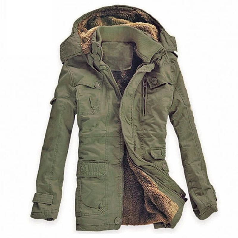 Veste D'hiver Décontractée En Velours Épais Pour Homme Parka Chaude Coupe-vent En Coton À Capuche De L'armée Trench-coat Long - Kaki