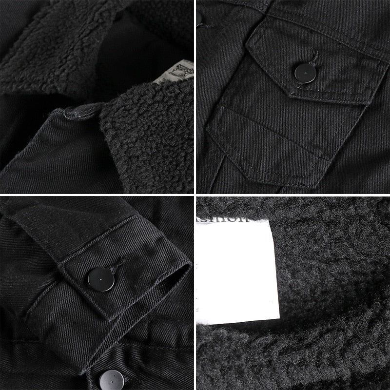 Veste D'hiver En Denim Épais Pour Hommes Manteau Rembourré En Coton À Revers Slim Noir Chaud - Noir