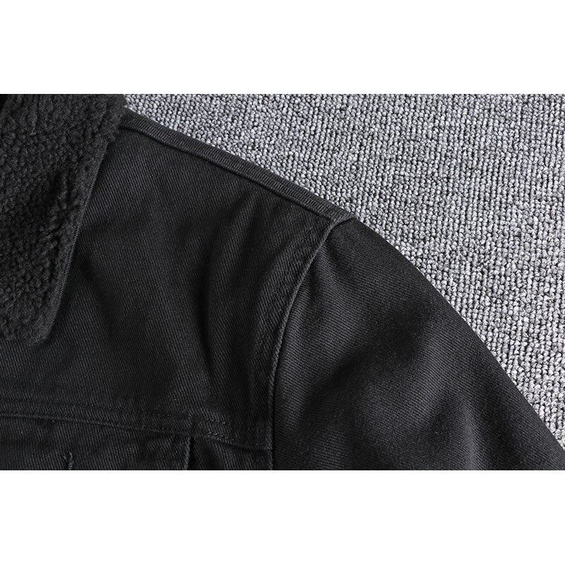 Veste D'hiver En Denim Épais Pour Hommes Manteau Rembourré En Coton À Revers Slim Noir Chaud - Noir