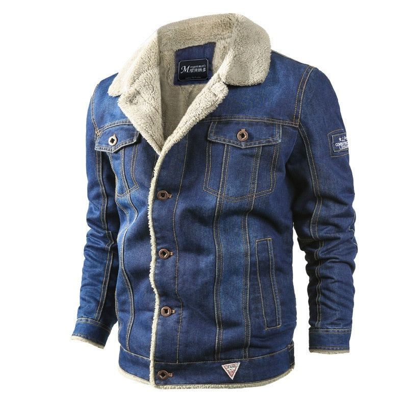 Veste D'hiver En Denim Pour Hommes Doublure En Laine Vestes Et Manteaux Chauds Vêtements D'extérieur Coupe-vent - Bleu Profond