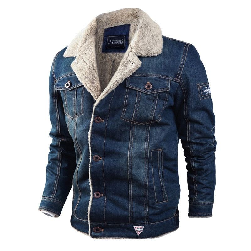 Veste D'hiver En Denim Pour Hommes Doublure En Laine Vestes Et Manteaux Chauds Vêtements D'extérieur Coupe-vent - Bleu Profond