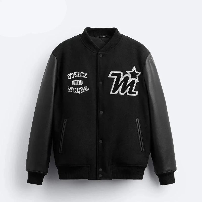 Veste D'hiver Pour Hommes Maillot De Baseball Brodé Vintage Décontracté Élégant Bouton-pression Streetwear Bomber - Noir