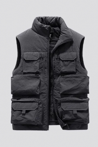 Veste D'hiver Sans Manches Pour Hommes Gilet Épais Et Chaud En Polaire Vêtements De Travail Cargo Coupe-vent À La Mode Manteau À Nombreuses Poches