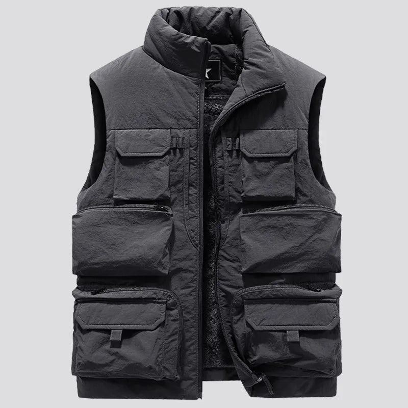 Veste D'hiver Sans Manches Pour Hommes Gilet Épais Et Chaud En Polaire Vêtements De Travail Cargo Coupe-vent À La Mode Manteau À Nombreuses Poches - Noir