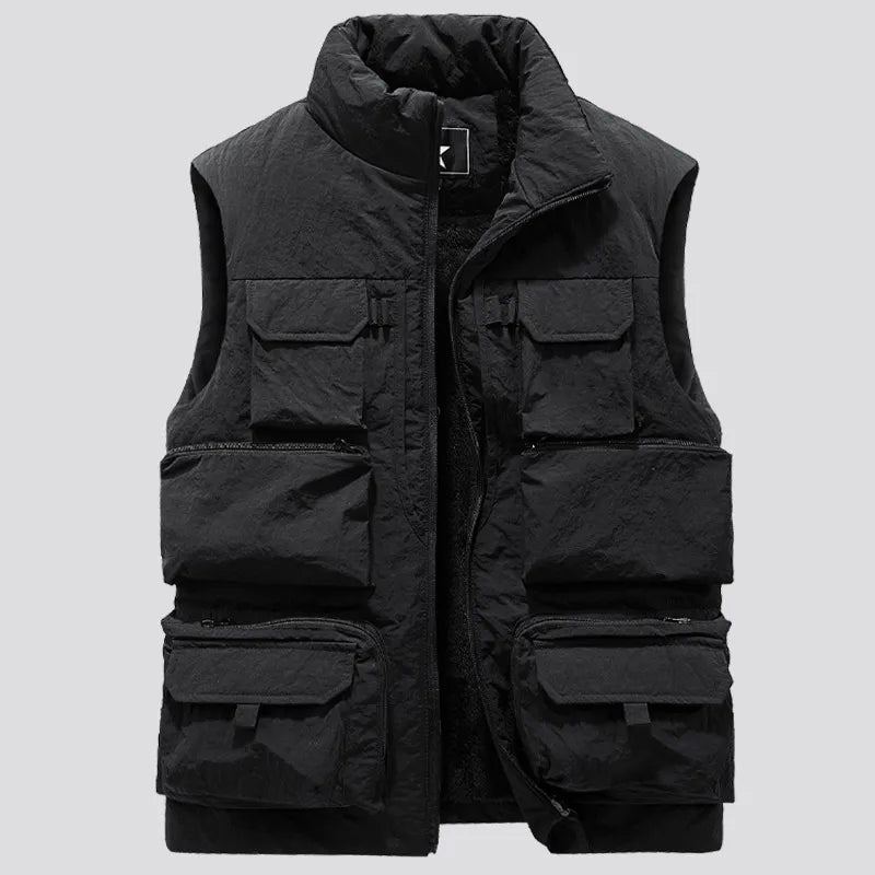 Veste D'hiver Sans Manches Pour Hommes Gilet Épais Et Chaud En Polaire Vêtements De Travail Cargo Coupe-vent À La Mode Manteau À Nombreuses Poches - Noir