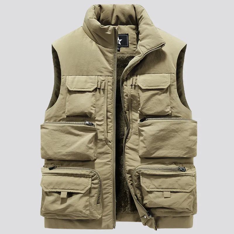 Veste D'hiver Sans Manches Pour Hommes Gilet Épais Et Chaud En Polaire Vêtements De Travail Cargo Coupe-vent À La Mode Manteau À Nombreuses Poches - Noir