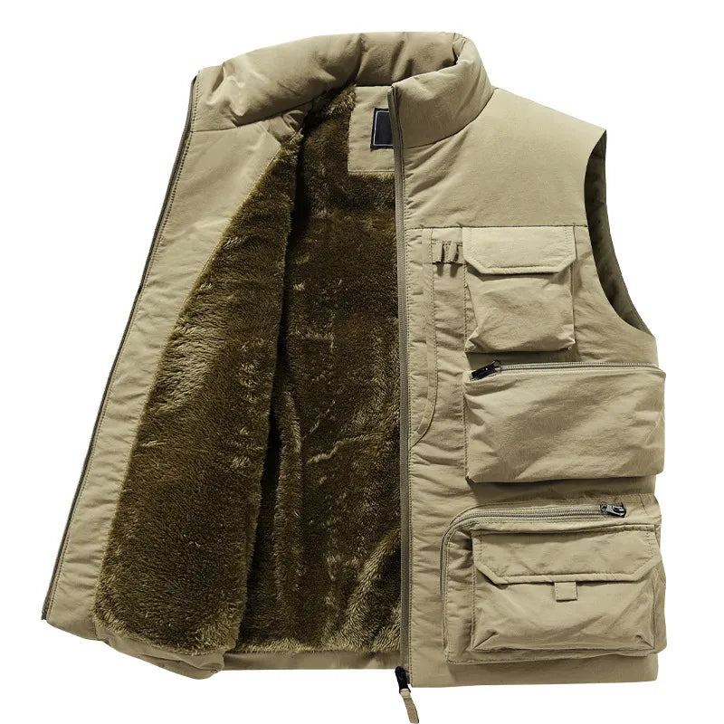 Veste D'hiver Sans Manches Pour Hommes Gilet Épais Et Chaud En Polaire Vêtements De Travail Cargo Coupe-vent À La Mode Manteau À Nombreuses Poches - Noir