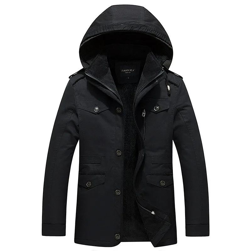 Veste D'hiver Surdimensionnée Pour Homme Parka À Capuche Multi-poches Polaire Épaisse Vêtements Hommes - Noir