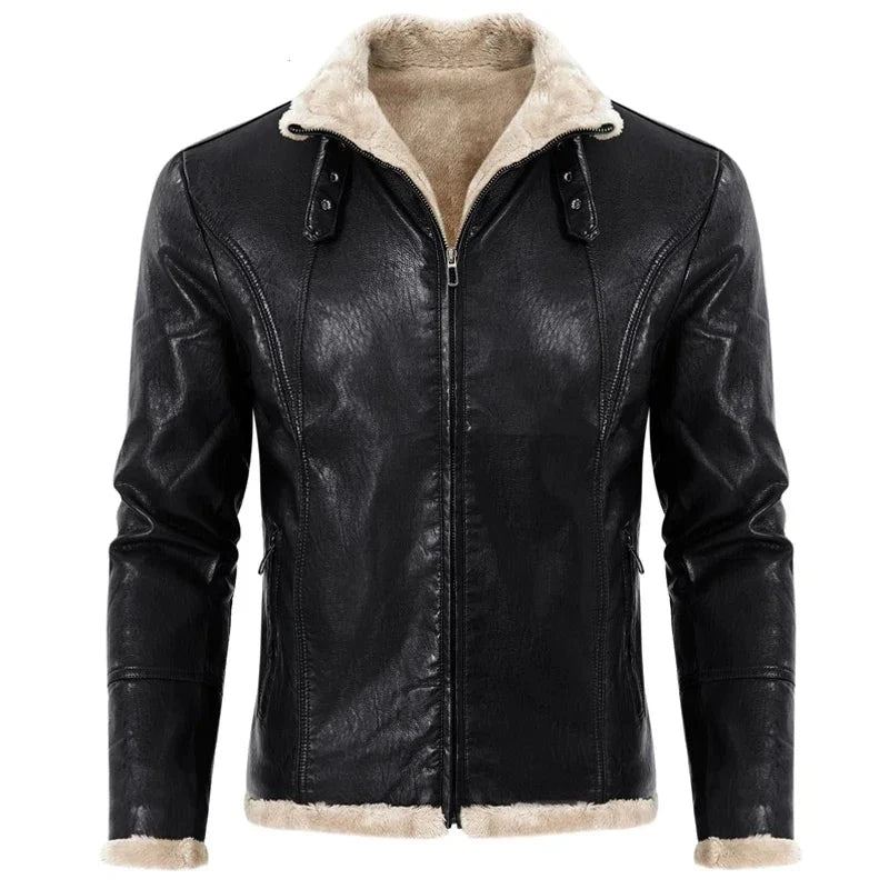 Veste Homme Fausse Fourrure Manteaux Cuir Vintage Hommes Moto Biker - Kaki