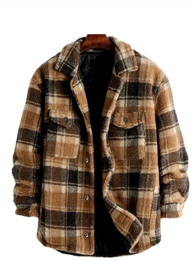 Veste Pour Hommes À Carreaux Polaire Moelleuse Avec Poche Boutonnée Fausse Fourrure Sherpa Automne Hiver Streetwear Manteaux De Finition