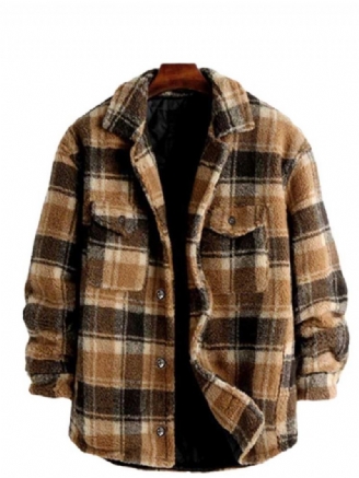 Veste Pour Hommes À Carreaux Polaire Moelleuse Avec Poche Boutonnée Fausse Fourrure Sherpa Automne Hiver Streetwear Manteaux De Finition