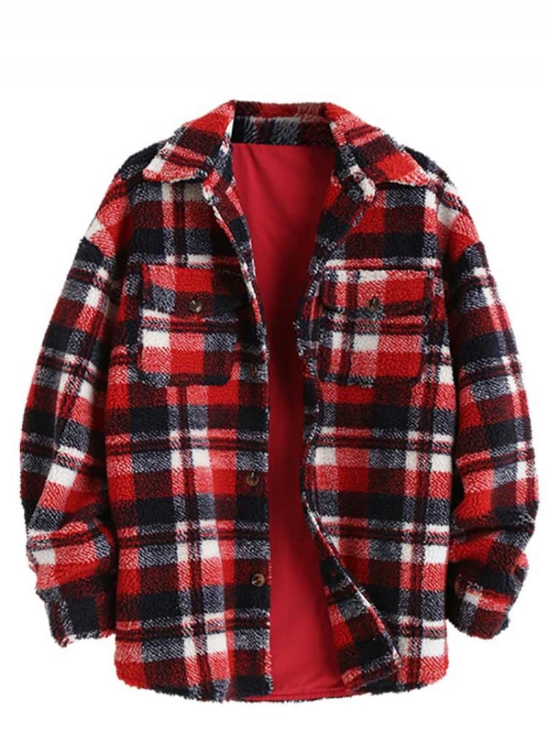 Veste Pour Hommes À Carreaux Polaire Moelleuse Avec Poche Boutonnée Fausse Fourrure Sherpa Automne Hiver Streetwear Manteaux De Finition - Marron