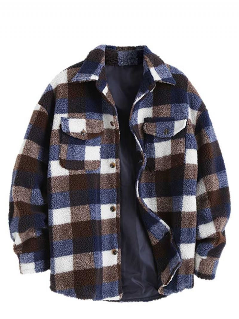 Veste Pour Hommes À Carreaux Polaire Moelleuse Avec Poche Boutonnée Fausse Fourrure Sherpa Automne Hiver Streetwear Manteaux De Finition - Marron