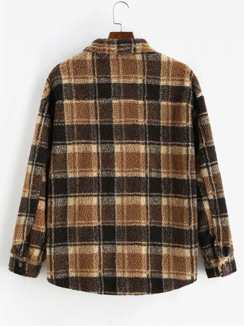 Veste Pour Hommes À Carreaux Polaire Moelleuse Avec Poche Boutonnée Fausse Fourrure Sherpa Automne Hiver Streetwear Manteaux De Finition - Marron