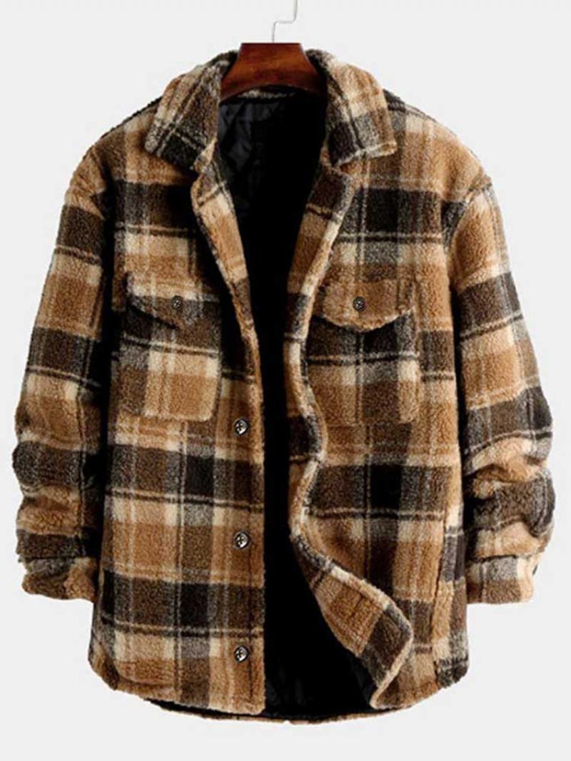 Veste Pour Hommes À Carreaux Polaire Moelleuse Avec Poche Boutonnée Fausse Fourrure Sherpa Automne Hiver Streetwear Manteaux De Finition - Marron