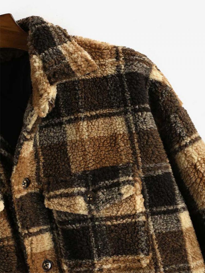 Veste Pour Hommes À Carreaux Polaire Moelleuse Avec Poche Boutonnée Fausse Fourrure Sherpa Automne Hiver Streetwear Manteaux De Finition - Marron