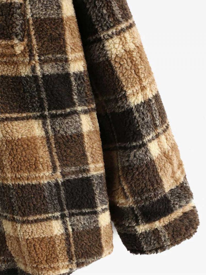 Veste Pour Hommes À Carreaux Polaire Moelleuse Avec Poche Boutonnée Fausse Fourrure Sherpa Automne Hiver Streetwear Manteaux De Finition - Marron