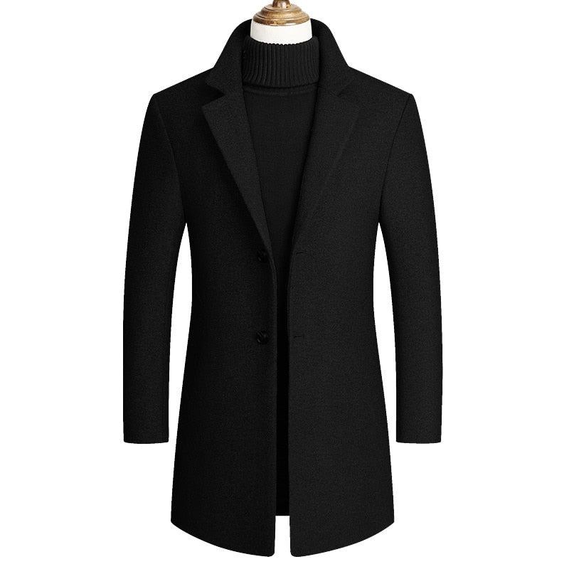 Veste Hommes Manteaux De Laine Printemps Automne Décontracté Coupe-vent Pardessus Simple Boutonnage Long Trench Manteau - Noir