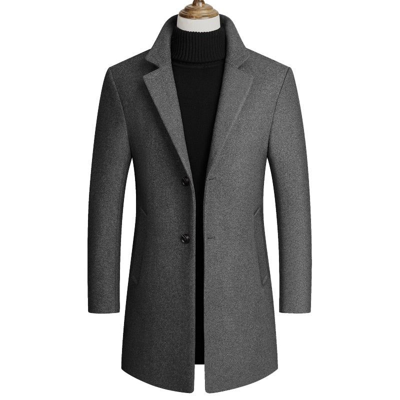 Veste Hommes Manteaux De Laine Printemps Automne Décontracté Coupe-vent Pardessus Simple Boutonnage Long Trench Manteau - Noir