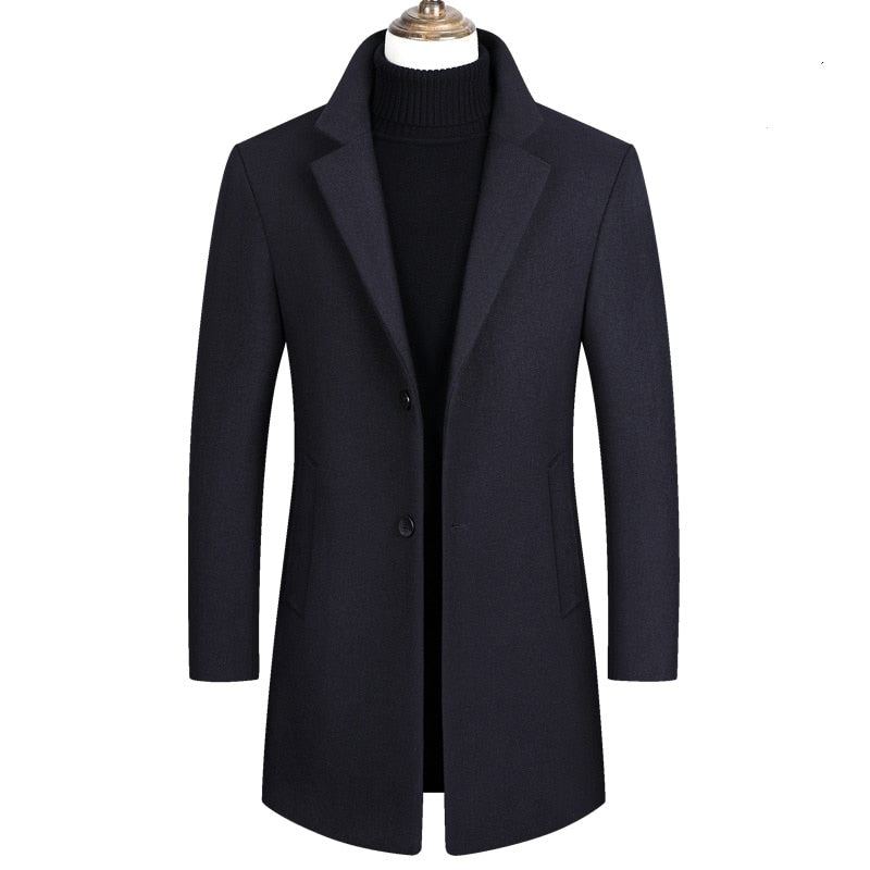 Veste Hommes Manteaux De Laine Printemps Automne Décontracté Coupe-vent Pardessus Simple Boutonnage Long Trench Manteau - Noir