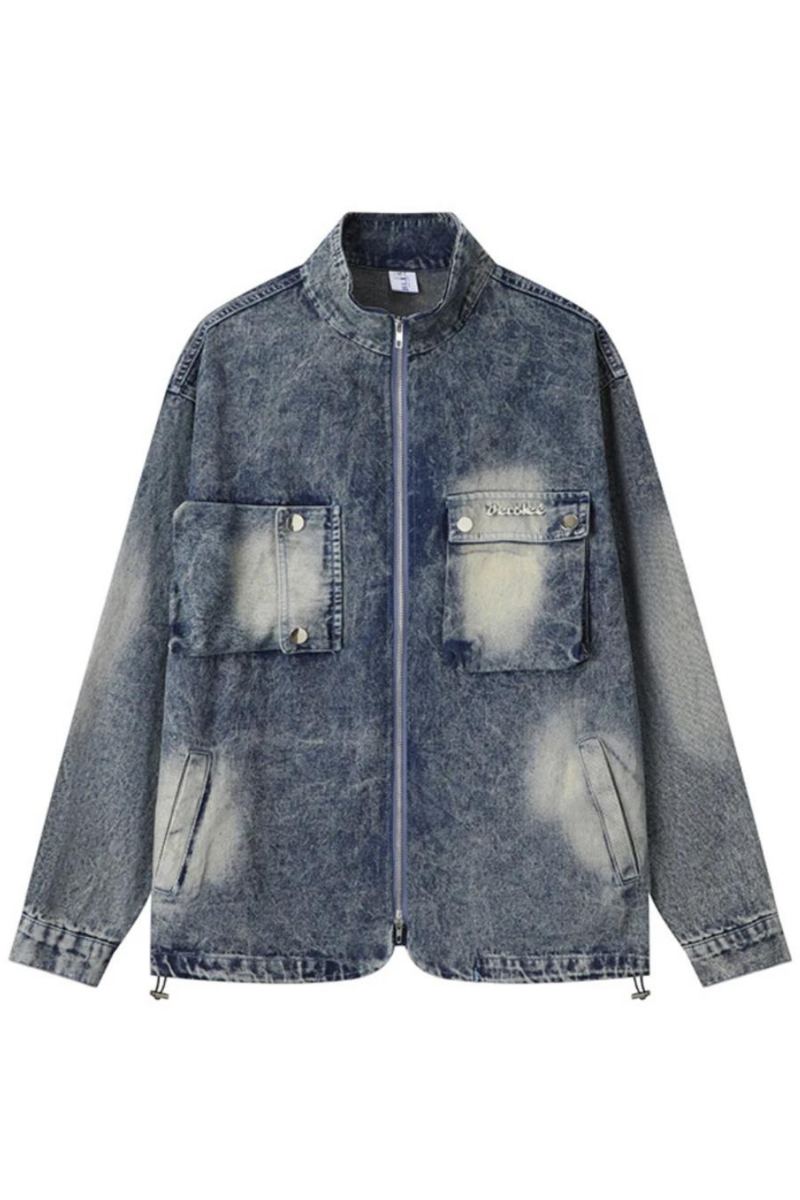 Veste En Jean Cargo Vintage Pour Hommes En Bleu À Fermeture Éclair Multiple Surdimensionnée Hip Hop Streetwear