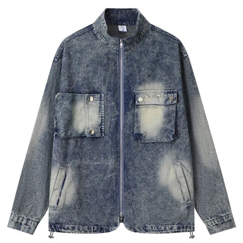 Veste En Jean Cargo Vintage Pour Hommes En Bleu À Fermeture Éclair Multiple Surdimensionnée Hip Hop Streetwear - Bleu