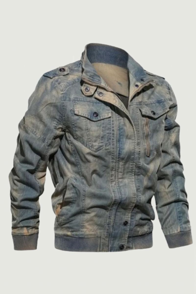 Veste En Jean Classique Vintage Automne Hiver Col Montant Lavé Armée Militaire Tactique Bomber Vestes