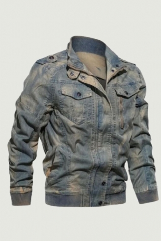 Veste En Jean Classique Vintage Automne Hiver Col Montant Lavé Armée Militaire Tactique Bomber Vestes