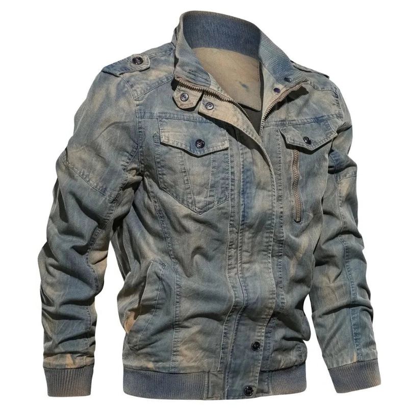 Veste En Jean Classique Vintage Automne Hiver Col Montant Lavé Armée Militaire Tactique Bomber Vestes - Bleu