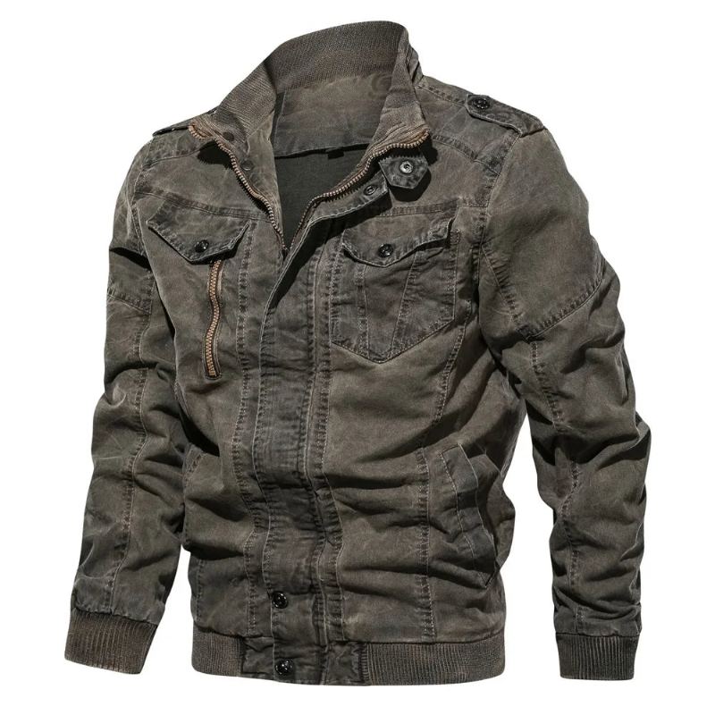 Veste En Jean Classique Vintage Automne Hiver Col Montant Lavé Armée Militaire Tactique Bomber Vestes - Bleu