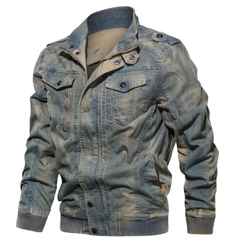 Veste En Jean Classique Vintage Automne Hiver Col Montant Lavé Armée Militaire Tactique Bomber Vestes - Bleu