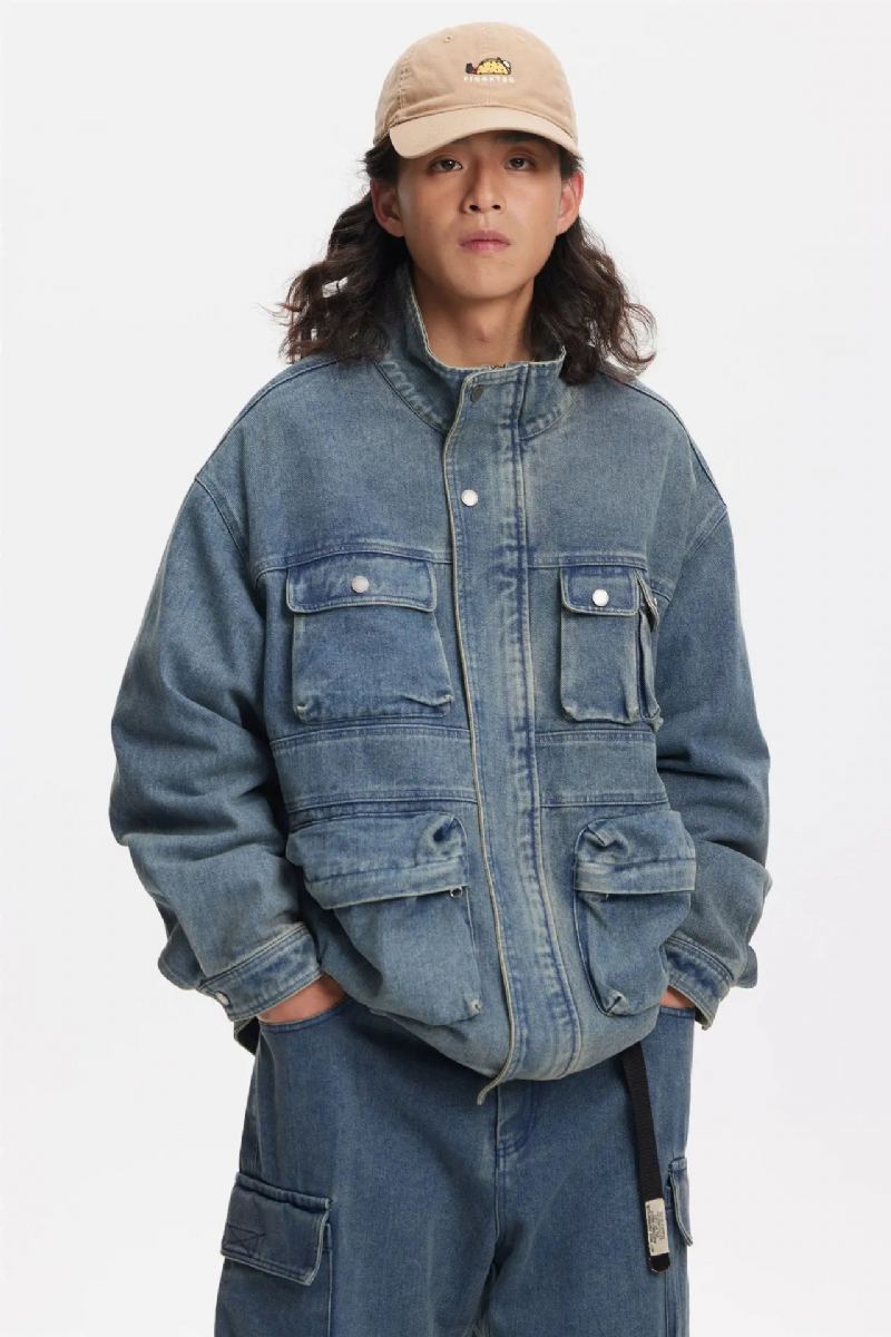 Veste En Jean À Col Montant Multi-poches Pour Hommes En Détresse Ample Décontractée Jeunes