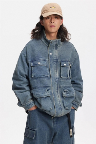 Veste En Jean À Col Montant Multi-poches Pour Hommes En Détresse Ample Décontractée Jeunes