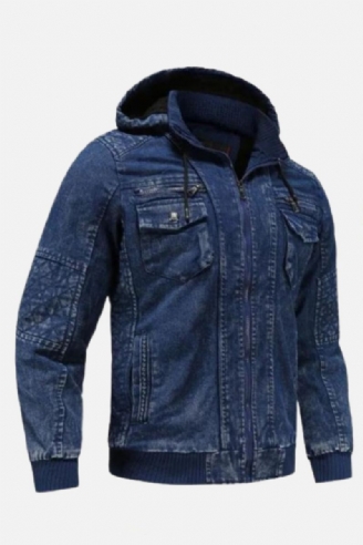 Veste En Jean D'hiver Plus Velours Chaud Solide Épais Décontractée Hommes Coton En Manteau À Capuche