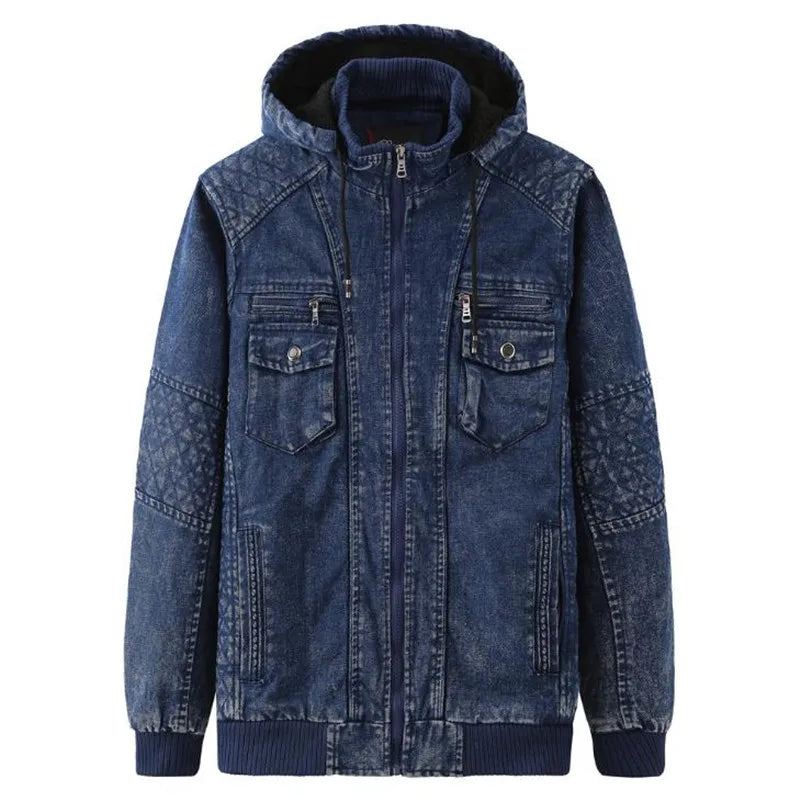 Veste En Jean D'hiver Plus Velours Chaud Solide Épais Décontractée Hommes Coton En Manteau À Capuche - Bleu