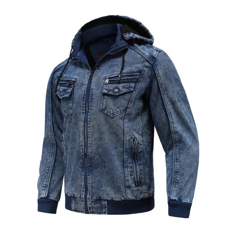 Veste En Jean D'hiver Plus Velours Chaud Solide Épais Décontractée Hommes Coton En Manteau À Capuche - Bleu