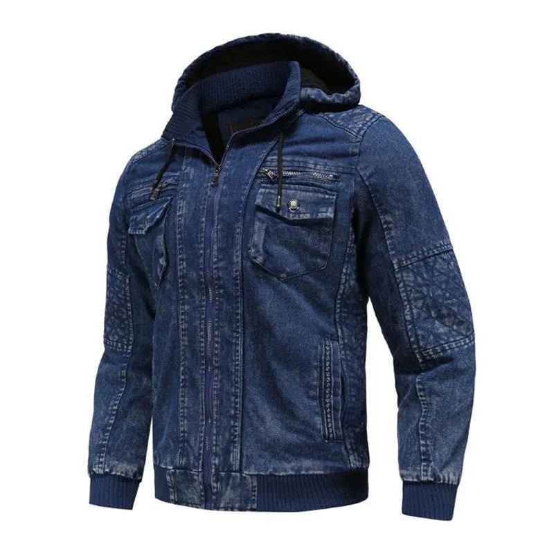 Veste En Jean D'hiver Plus Velours Chaud Solide Épais Décontractée Hommes Coton En Manteau À Capuche - Bleu