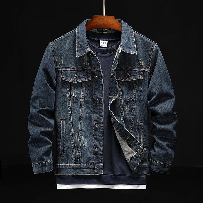 Veste En Jean Pour Hommes Broderie Déchirée Vêtements D'extérieur Décontractés Moto Masculins - Bleu Foncé