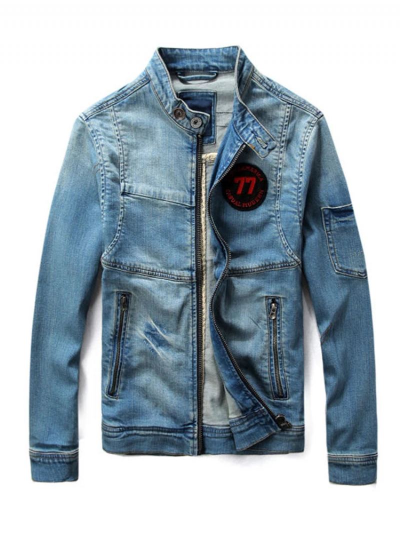 Veste En Jean Pour Hommes En À Col Montant Vintage Moto - Bleu