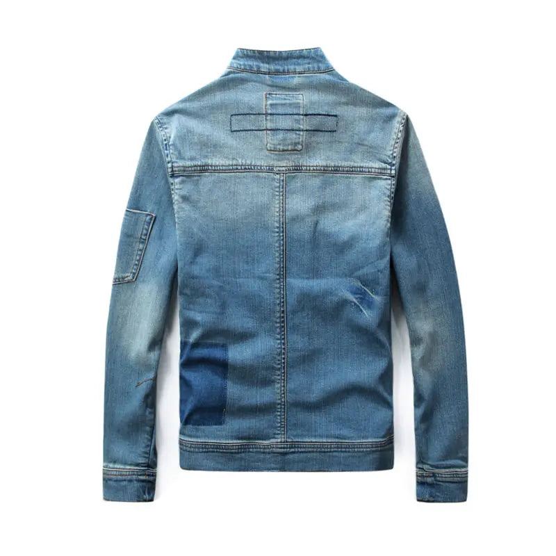 Veste En Jean Pour Hommes En À Col Montant Vintage Moto - Bleu