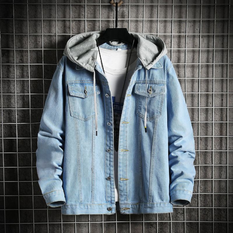 Veste En Jean Pour Hommes Ins Coupe Ample Vintage Lavé À Capuche En Style De Rue Vestes Avec - Bleu