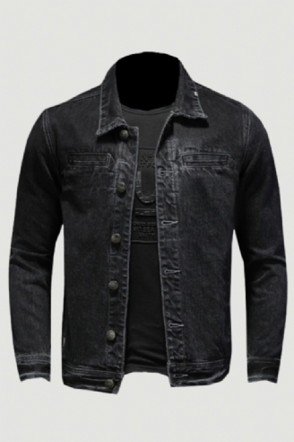 Veste En Jean Pour Hommes Manteau En Denim Bombardier D'automne Moto Simple Décontracté Revers Manches Longues Slim Noir Vêtements De Cowboy