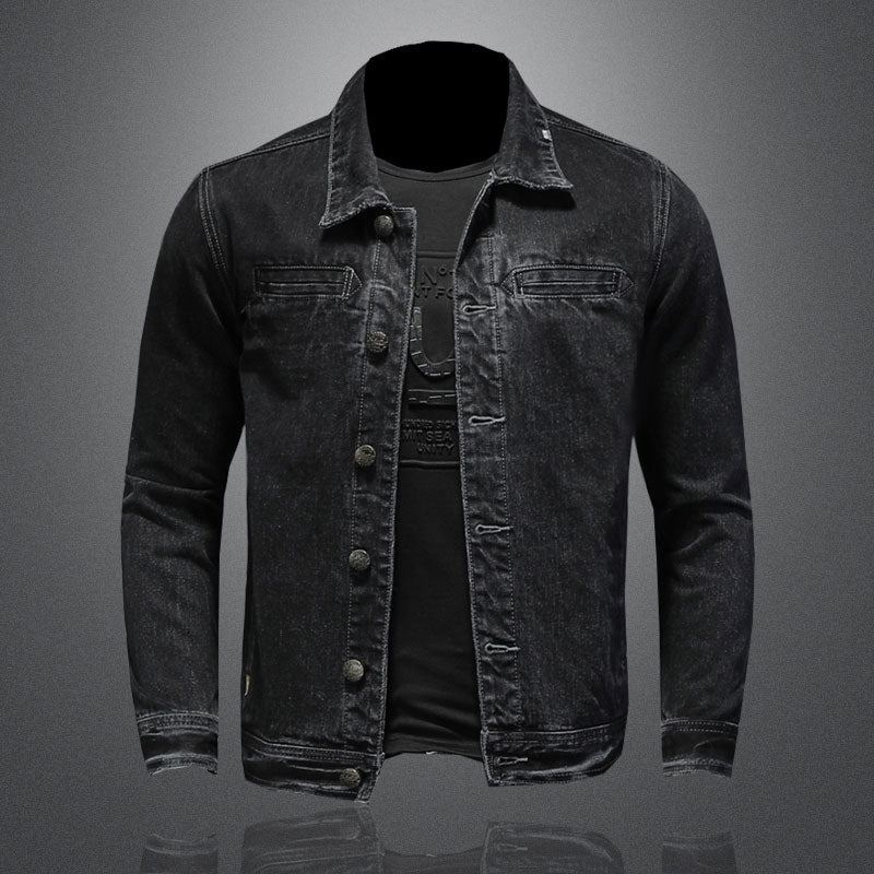 Veste En Jean Pour Hommes Manteau En Denim Bombardier D'automne Moto Simple Décontracté Revers Manches Longues Slim Noir Vêtements De Cowboy - Noir